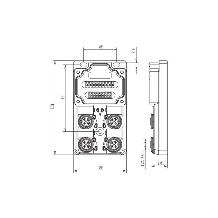 M12分线盒、双通道、Without LED、4端口分体式、PCB端子、24W40G